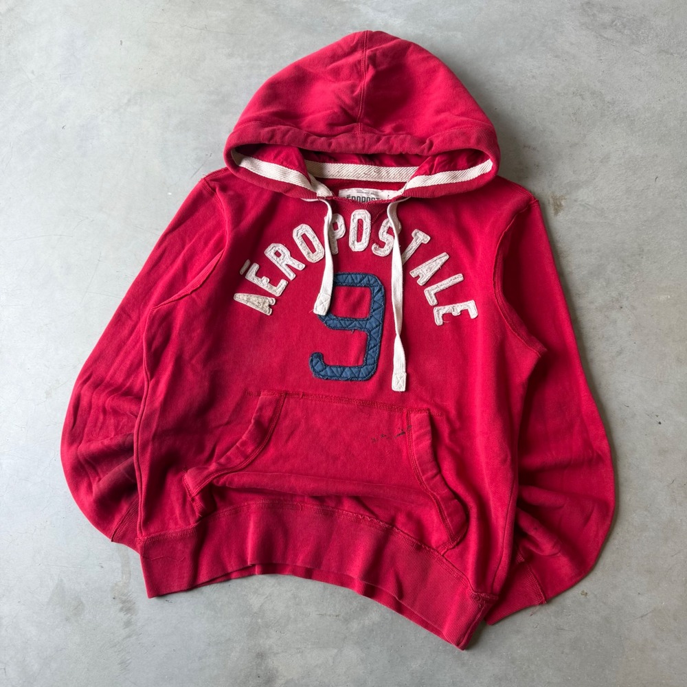 Aeropostale Mens Red Pullover Hoodie Logo Graphic Sweatshirt Medium Distressed